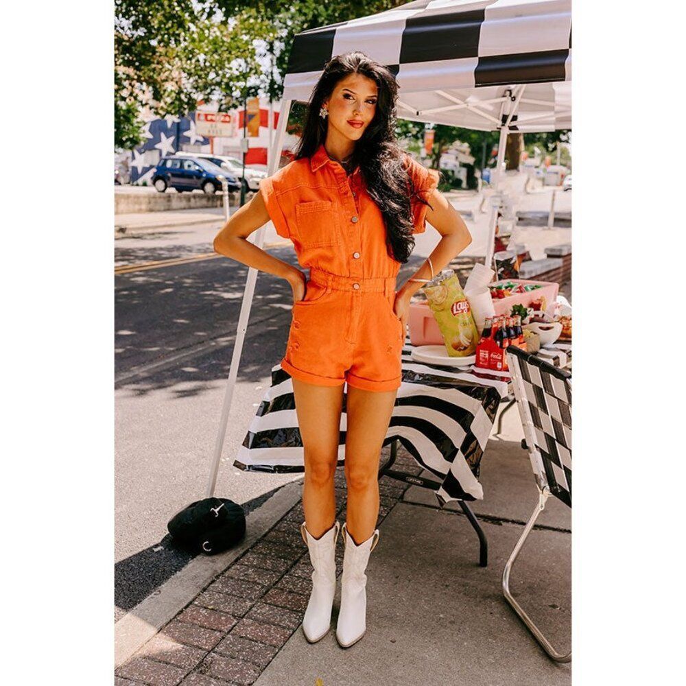 NWT SWEET DUET DISTRESSED DENIM ROMPER IN ORANGE Size Large - Picture 9 of 16